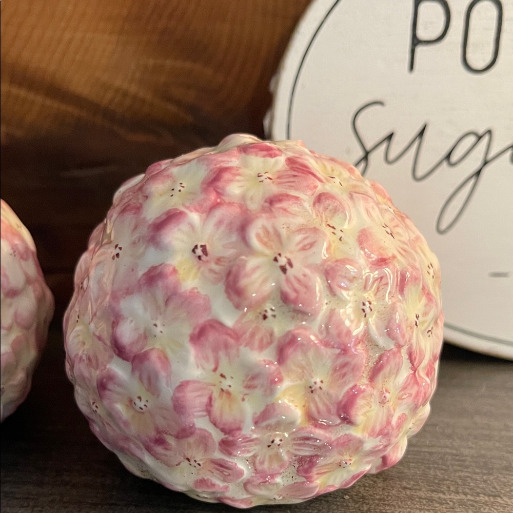 Pink Floral Ceramic Decorative Spheres - Set of 2 Sakura Cherry Blossom Pattern - Picture 4 of 5